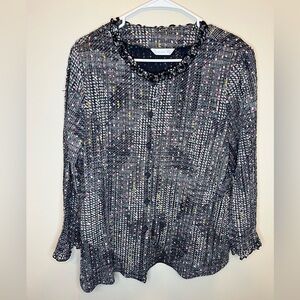 Chic Black Multicolor VTG Button Down Tweed Houndstooth Blouse Shoulder Pads XL?